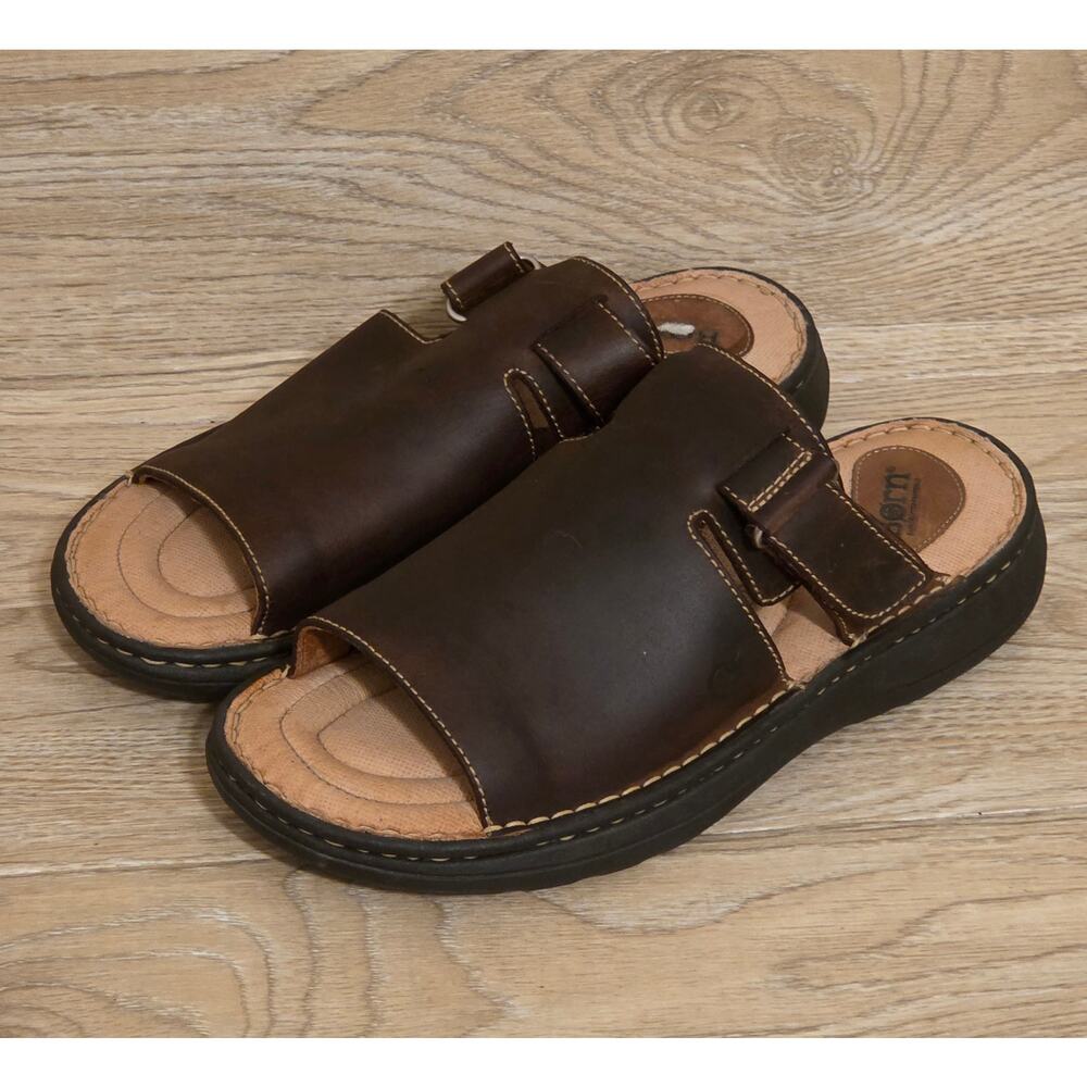 Born Mens Brown Leather Slip On Open Toe Sandals Size 10 / 44 Slides